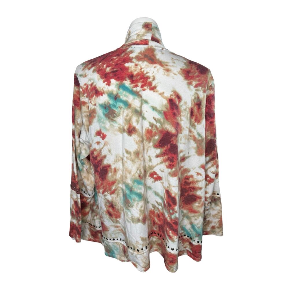 CYRUS WOMAN Tie Dye Studded Open Terry Knit Cardigan Size 3X Red Pink Green Whit - Picture 3 of 10